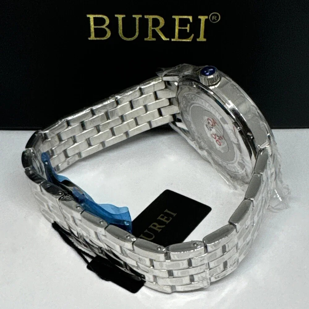 Burei S-13001M Men's Silver Stainless Steel Analog White Dial Quartz Watch JNA48